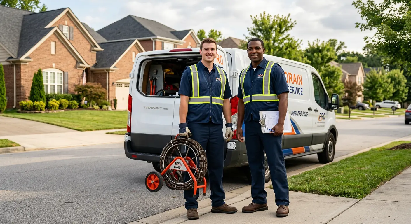 Sewer and drain service team with equipment ready for work in Stallings