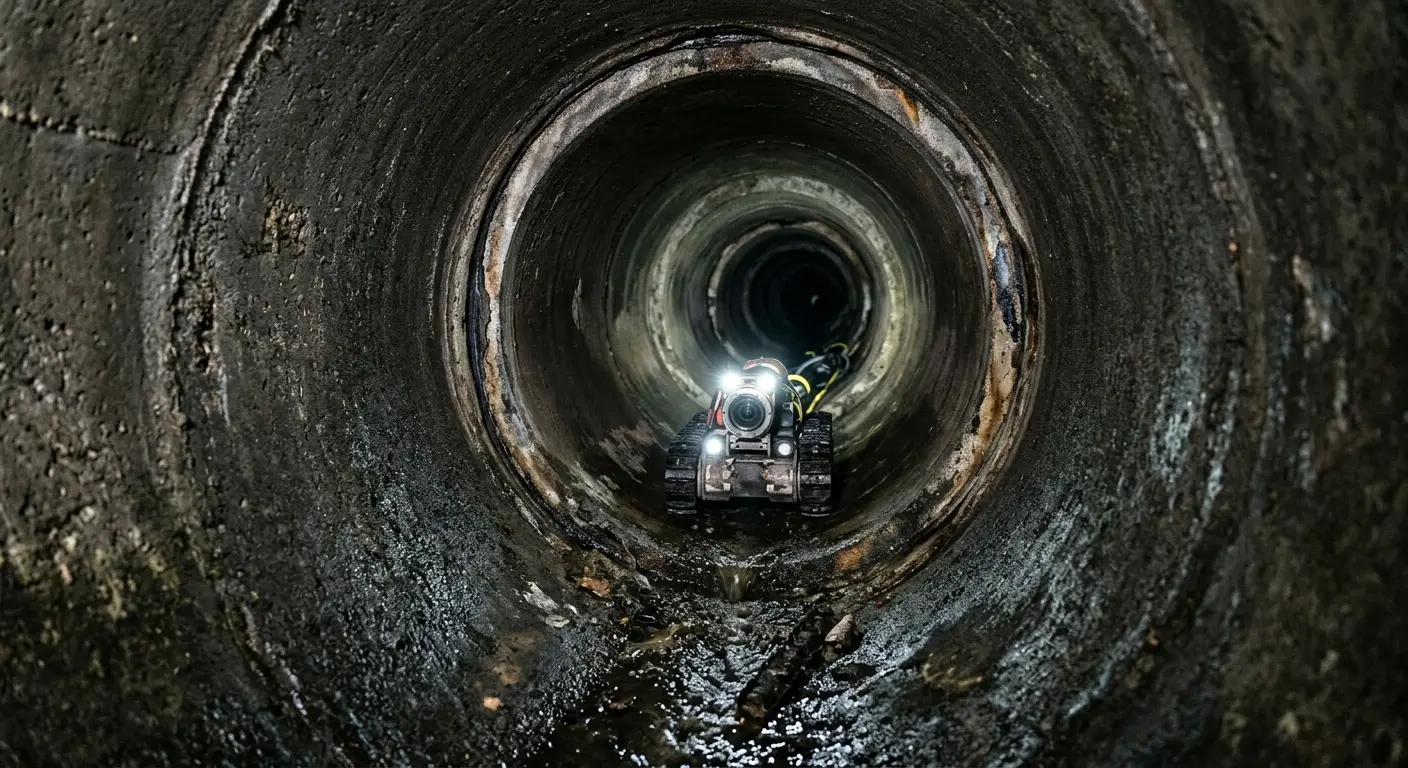 Robotic sewer camera inspecting pipe interior for Sewer Line Cleaning in Stallings