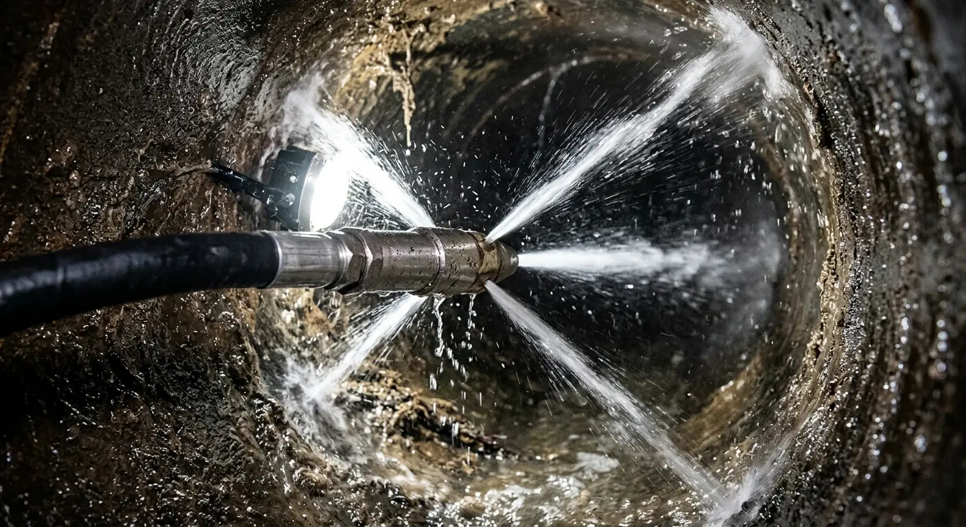 High-pressure hydro jetting nozzle cleaning sewer pipe for Trenchless Sewer Repair in Stallings