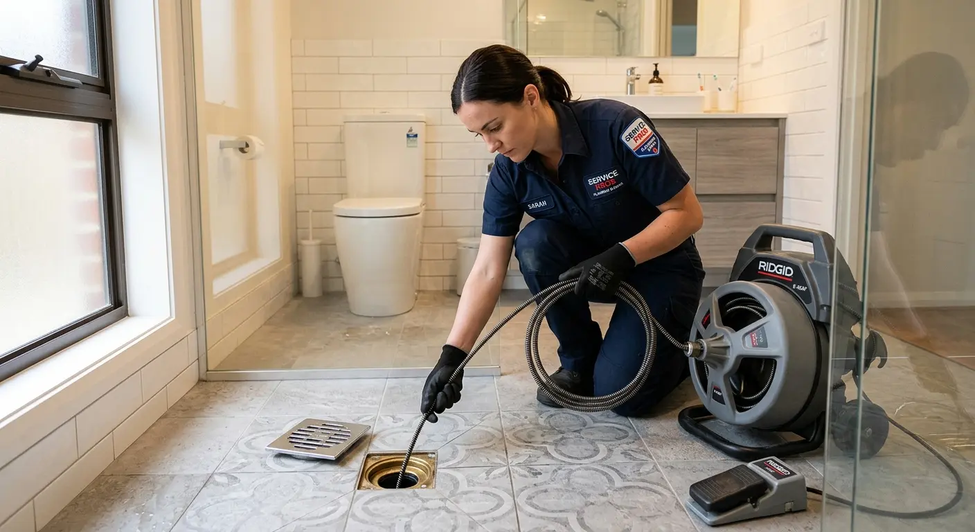 Technician clearing a bathroom floor drain for Hydro Jetting in Stallings